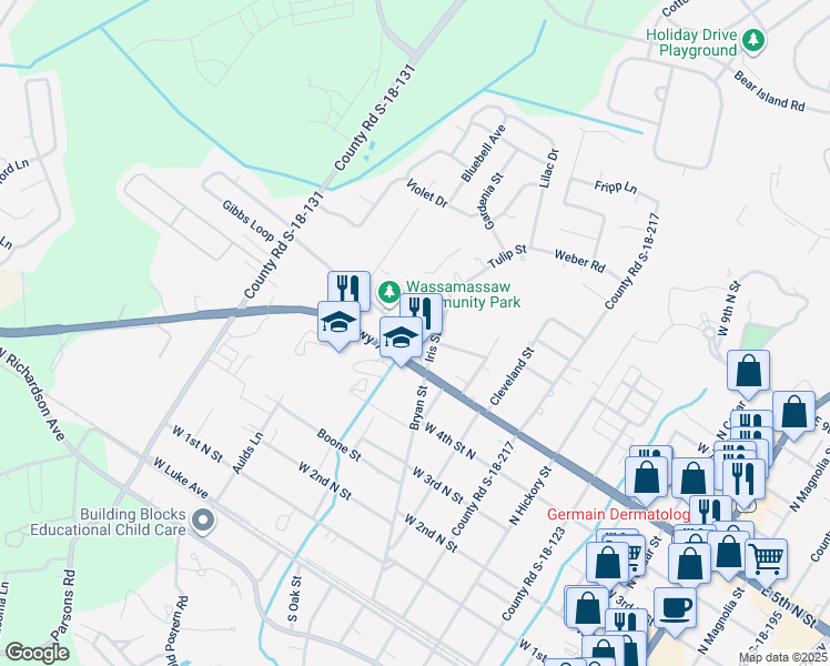 map of restaurants, bars, coffee shops, grocery stores, and more near 112 Wylie Street in Summerville