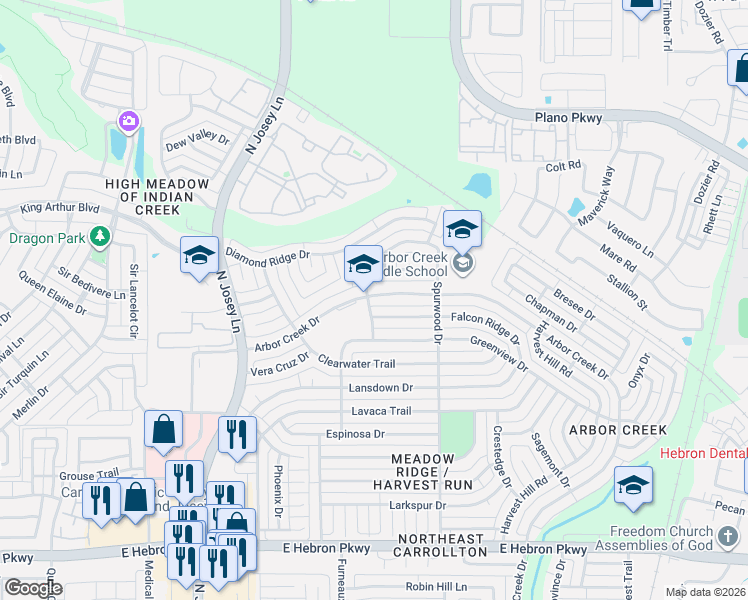 map of restaurants, bars, coffee shops, grocery stores, and more near 2014B Falcon Ridge Drive in Carrollton