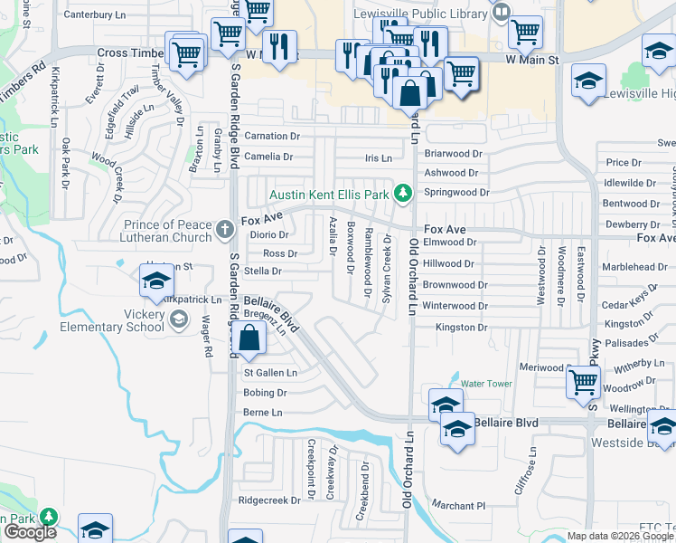map of restaurants, bars, coffee shops, grocery stores, and more near 939 Azalia Drive in Lewisville