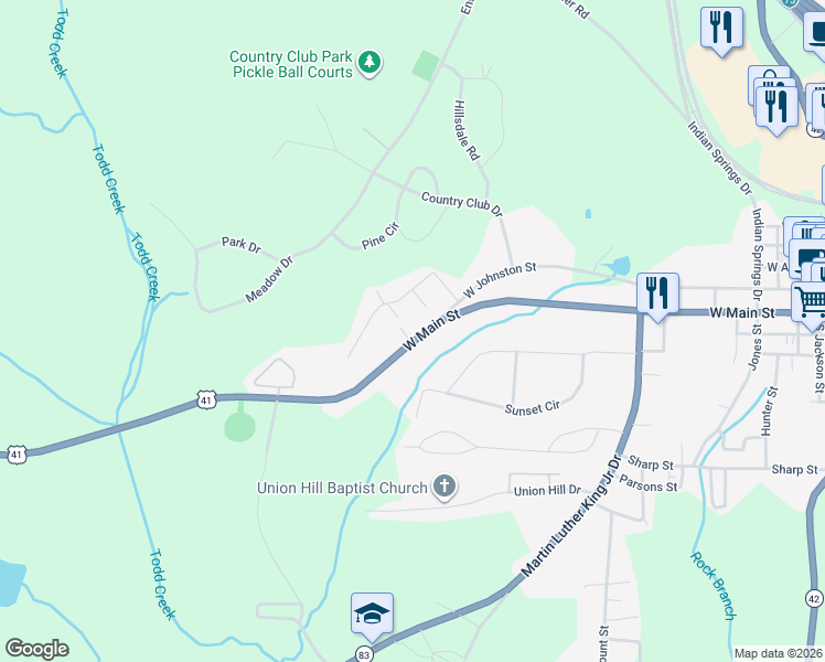 map of restaurants, bars, coffee shops, grocery stores, and more near 504 West Main Street in Forsyth