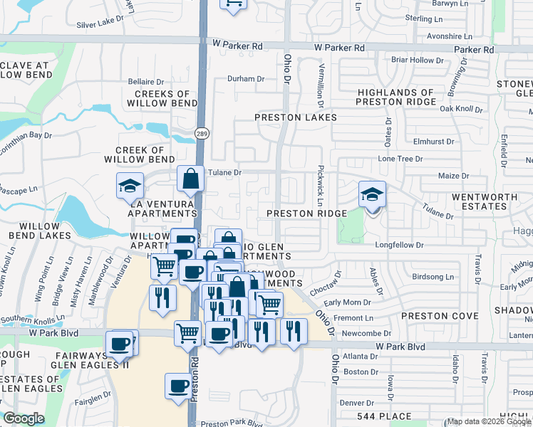 map of restaurants, bars, coffee shops, grocery stores, and more near 2523 Ohio Drive in Plano