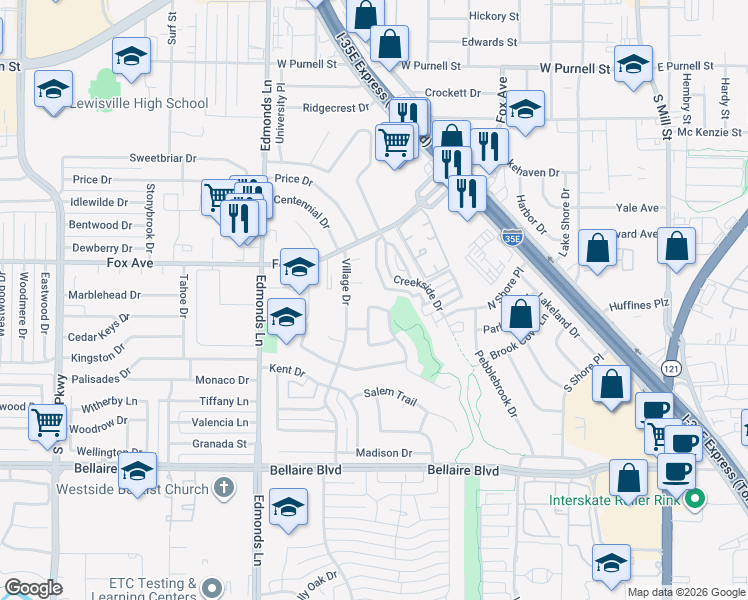 map of restaurants, bars, coffee shops, grocery stores, and more near 240 Wildfire Drive in Lewisville