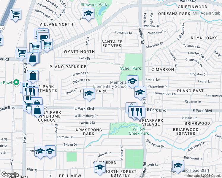 map of restaurants, bars, coffee shops, grocery stores, and more near 1912 Hawthorne Lane in Plano