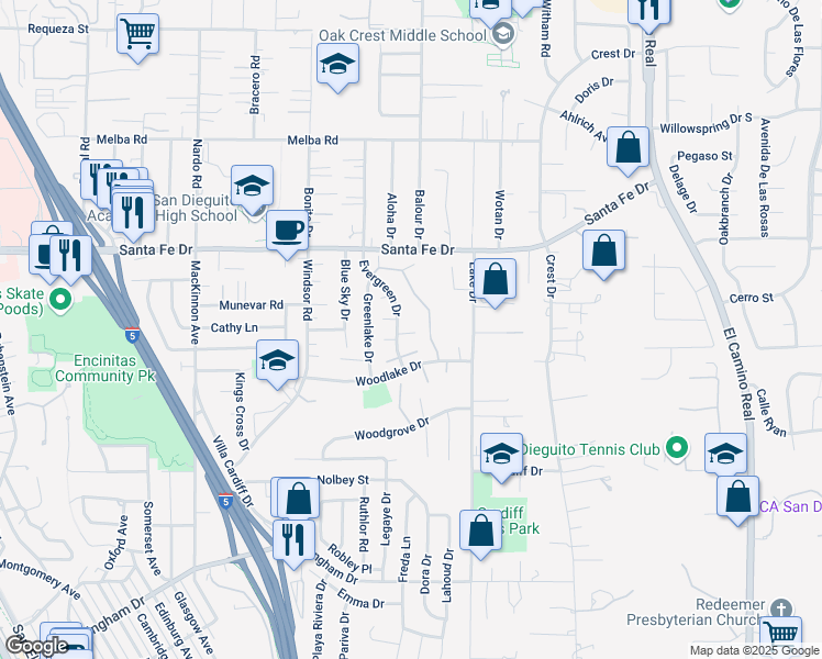 map of restaurants, bars, coffee shops, grocery stores, and more near 1317 Evergreen Drive in Encinitas