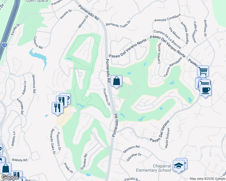 map of restaurants, bars, coffee shops, grocery stores, and more near 17587 Frondoso Drive in San Diego