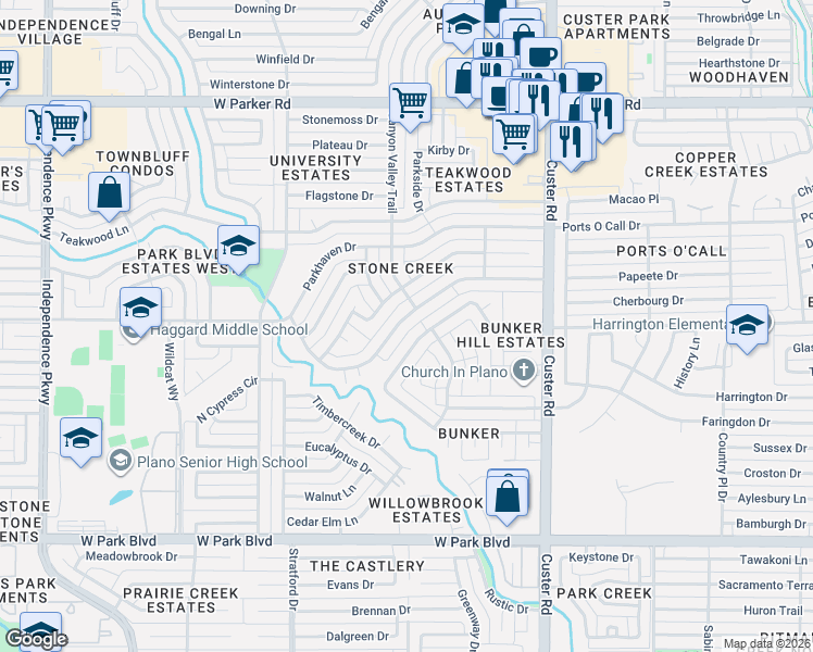 map of restaurants, bars, coffee shops, grocery stores, and more near 2420 Stone Creek Drive in Plano