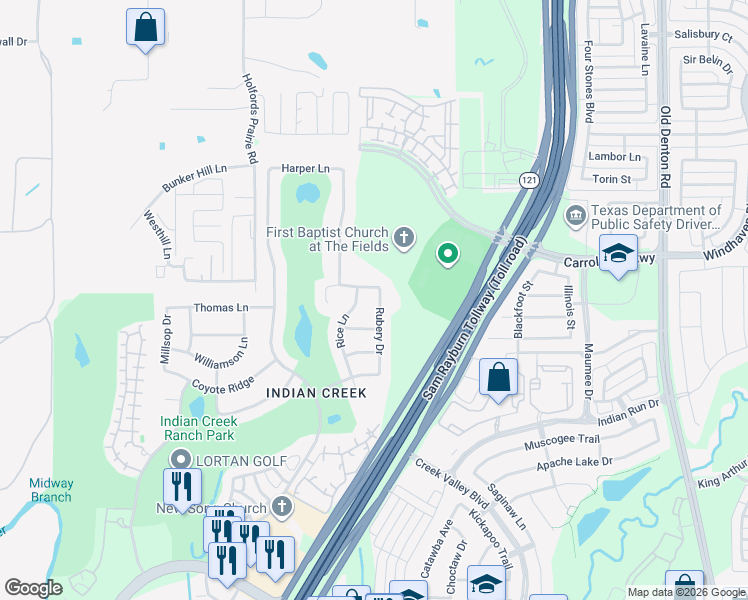 map of restaurants, bars, coffee shops, grocery stores, and more near 4344 Rice Lane in Carrollton