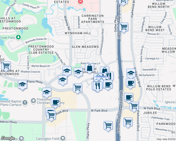 map of restaurants, bars, coffee shops, grocery stores, and more near 6201 Chapel Hill Boulevard in Plano