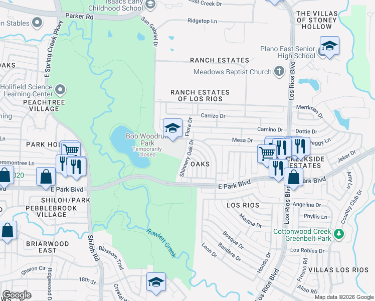 map of restaurants, bars, coffee shops, grocery stores, and more near 2337 Shinnery Oak Drive in Plano