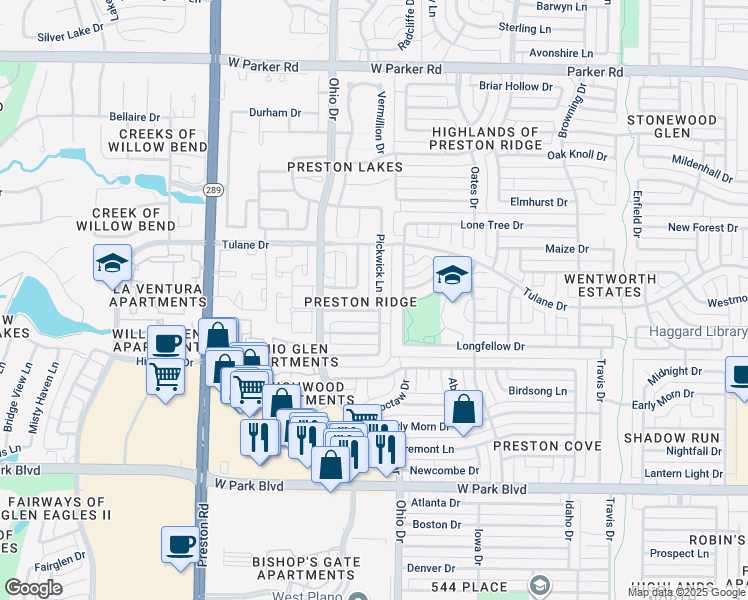 map of restaurants, bars, coffee shops, grocery stores, and more near 2605 Pickwick Lane in Plano