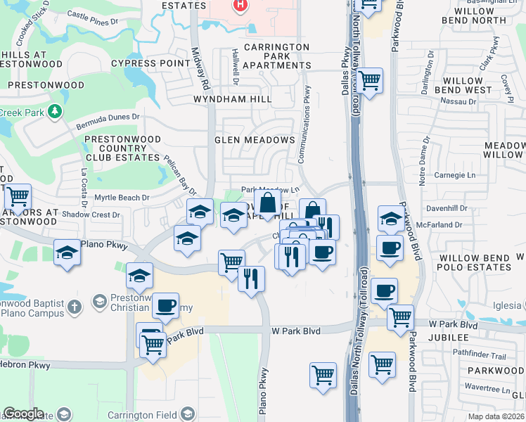 map of restaurants, bars, coffee shops, grocery stores, and more near 6217 Chapel Hill Boulevard in Plano