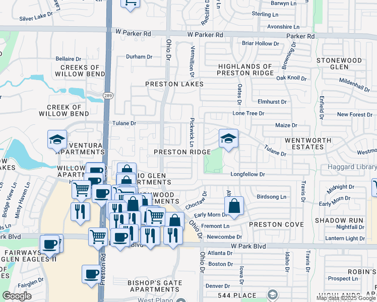 map of restaurants, bars, coffee shops, grocery stores, and more near 2605 Pickwick Lane in Plano