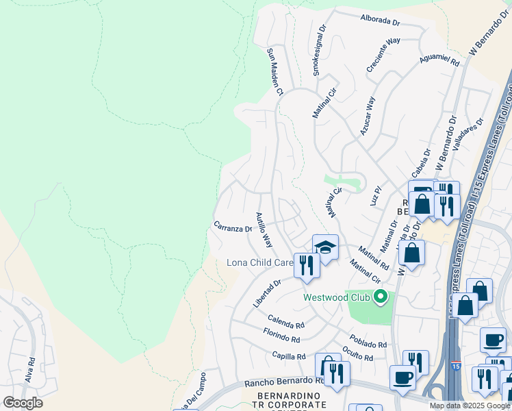 map of restaurants, bars, coffee shops, grocery stores, and more near 10845 Autillo Way in San Diego