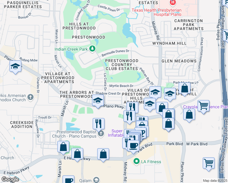 map of restaurants, bars, coffee shops, grocery stores, and more near 6627 Shadow Crest Drive in Plano