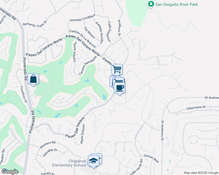 map of restaurants, bars, coffee shops, grocery stores, and more near 17518 Cumana Terrace in San Diego