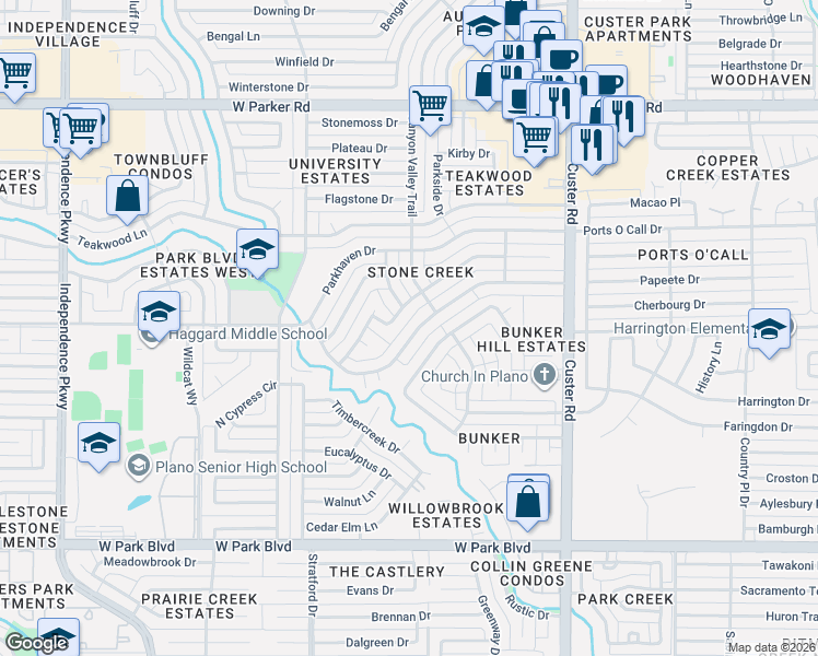 map of restaurants, bars, coffee shops, grocery stores, and more near 2420 Stone Creek Drive in Plano