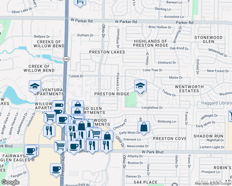 map of restaurants, bars, coffee shops, grocery stores, and more near 4600 Centenary Drive in Plano