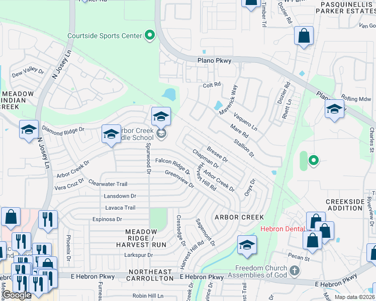 map of restaurants, bars, coffee shops, grocery stores, and more near 2144 Arbor Creek Drive in Carrollton