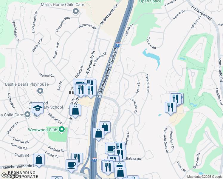 map of restaurants, bars, coffee shops, grocery stores, and more near 11820 Caminito Ronaldo in San Diego