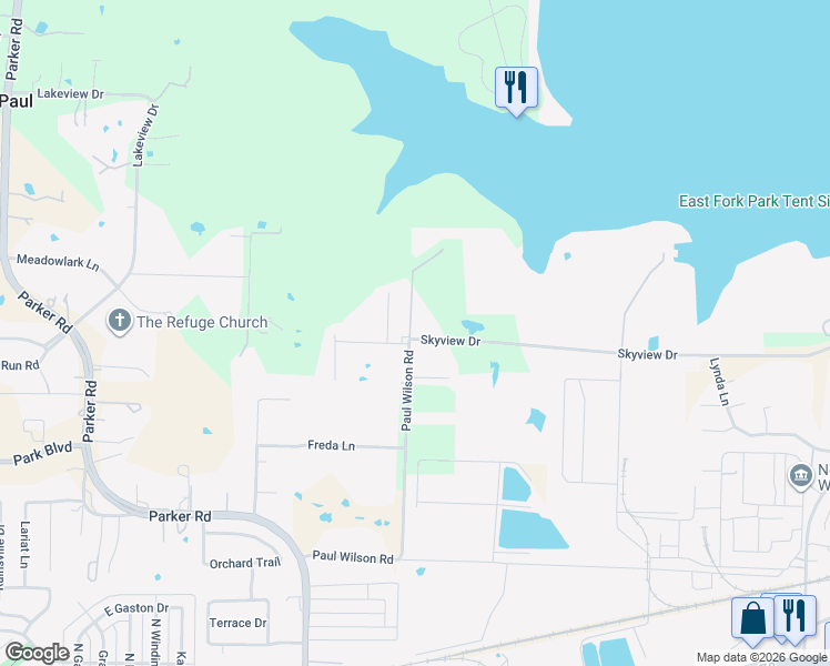 map of restaurants, bars, coffee shops, grocery stores, and more near 1001 Skyview Drive in Wylie