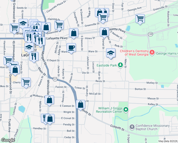map of restaurants, bars, coffee shops, grocery stores, and more near 210 Dix Street in LaGrange