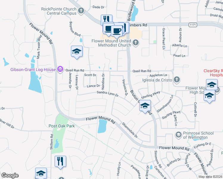 map of restaurants, bars, coffee shops, grocery stores, and more near 4209 Shelby Court in Flower Mound
