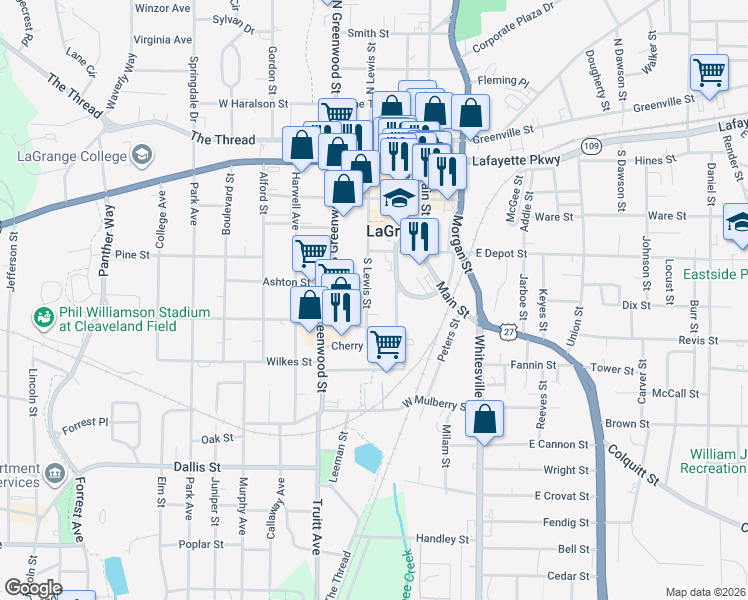 map of restaurants, bars, coffee shops, grocery stores, and more near 409 South Lewis Street in LaGrange