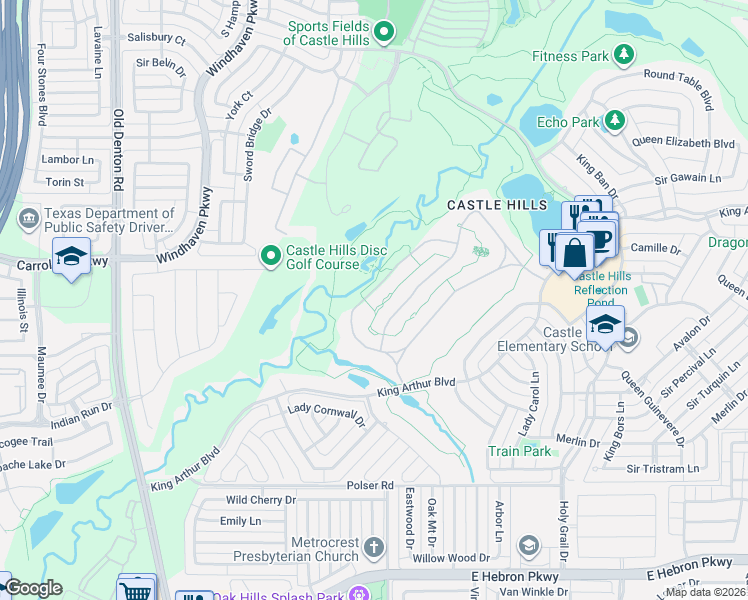 map of restaurants, bars, coffee shops, grocery stores, and more near 2435 Silver Table Drive in Lewisville