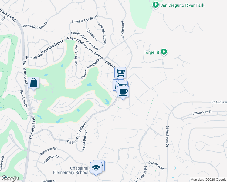 map of restaurants, bars, coffee shops, grocery stores, and more near 17612 Fonticello Way in San Diego