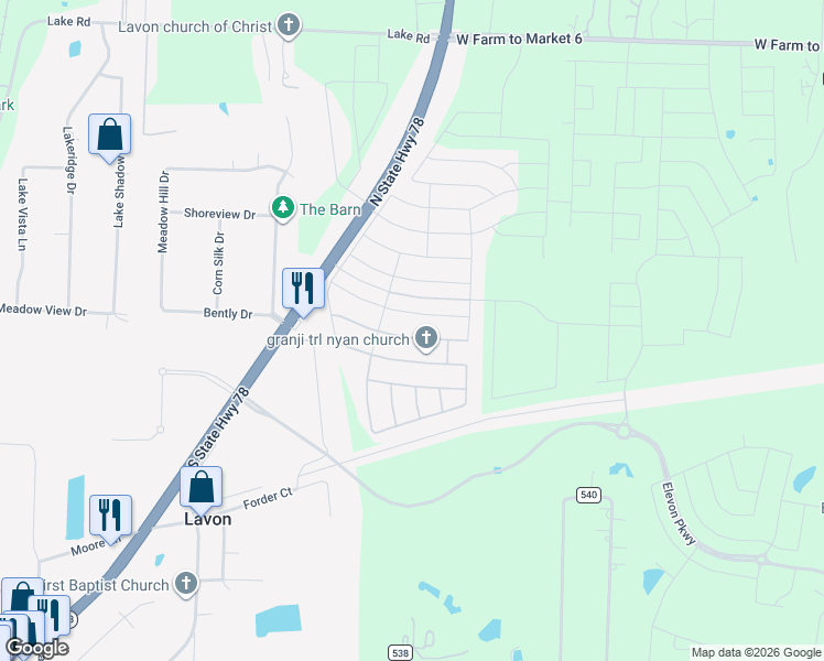 map of restaurants, bars, coffee shops, grocery stores, and more near Texas 78 in Lavon