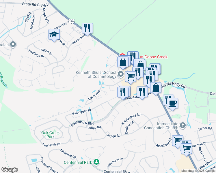 map of restaurants, bars, coffee shops, grocery stores, and more near 110 Davenport Street in Goose Creek