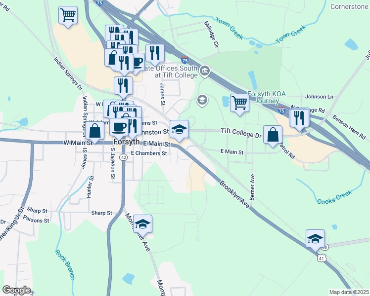 map of restaurants, bars, coffee shops, grocery stores, and more near Railroad Avenue in Forsyth
