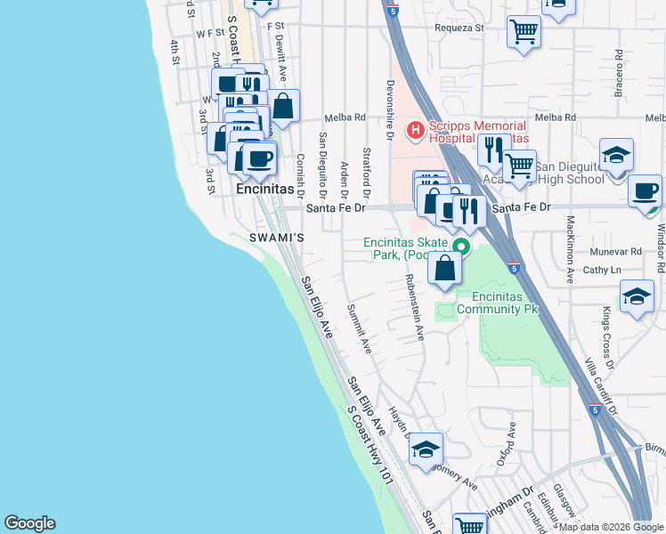 map of restaurants, bars, coffee shops, grocery stores, and more near 1273 Summit Avenue in Encinitas