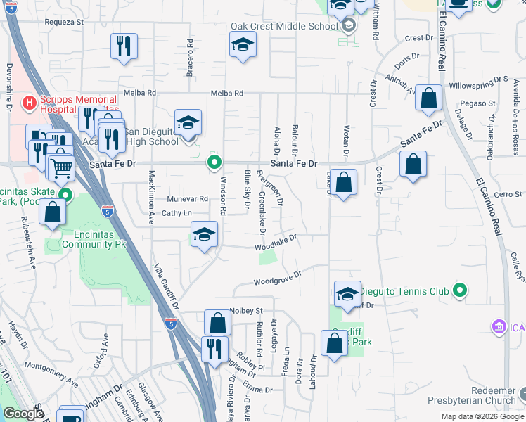 map of restaurants, bars, coffee shops, grocery stores, and more near Greenlake Drive in Encinitas