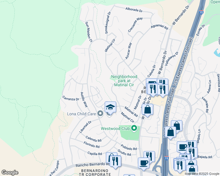 map of restaurants, bars, coffee shops, grocery stores, and more near 17797 Robinia Court in San Diego
