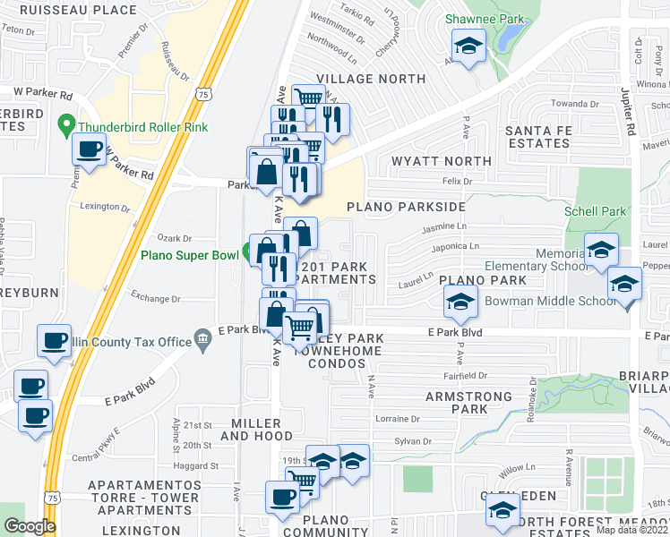 map of restaurants, bars, coffee shops, grocery stores, and more near 1201 East Park Boulevard in Plano