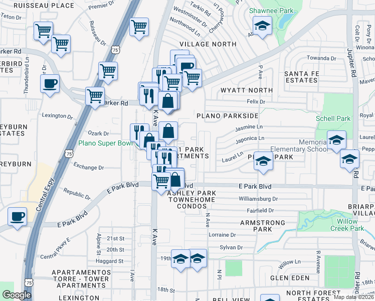 map of restaurants, bars, coffee shops, grocery stores, and more near 1201 East Park Boulevard in Plano