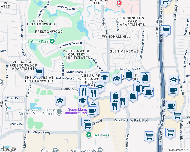 map of restaurants, bars, coffee shops, grocery stores, and more near 6601 West Plano Parkway in Plano