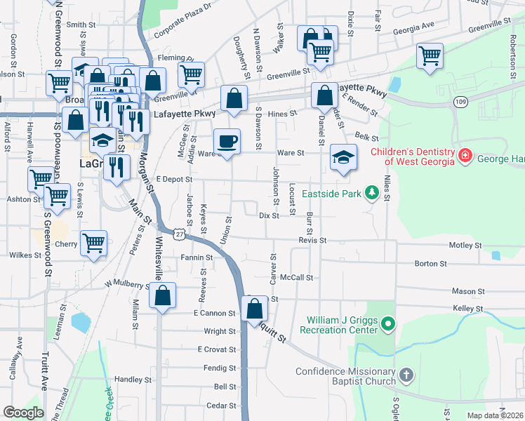 map of restaurants, bars, coffee shops, grocery stores, and more near 199 Dix Street in LaGrange