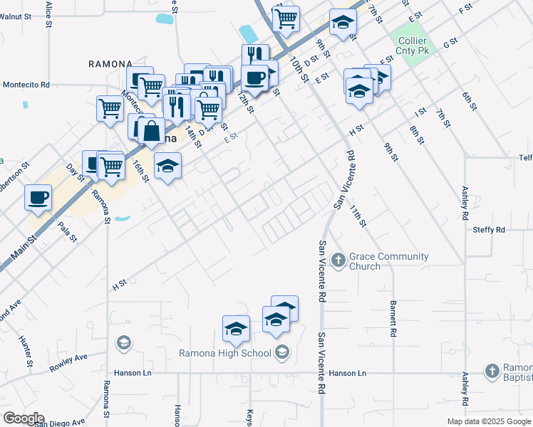 map of restaurants, bars, coffee shops, grocery stores, and more near 1326 Oak Village Drive in Ramona