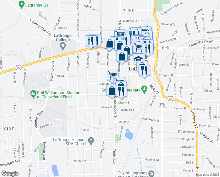 map of restaurants, bars, coffee shops, grocery stores, and more near 405 Harwell Avenue in LaGrange