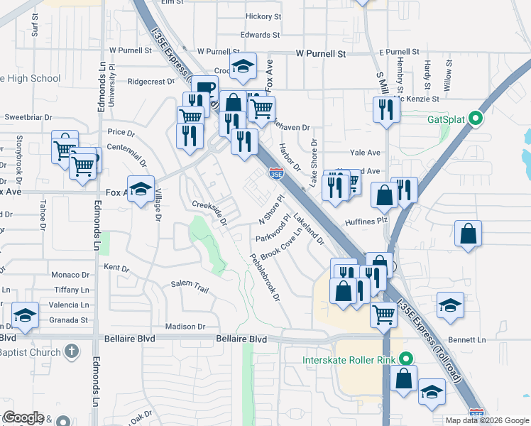 map of restaurants, bars, coffee shops, grocery stores, and more near 893 South Stemmons Freeway in Lewisville