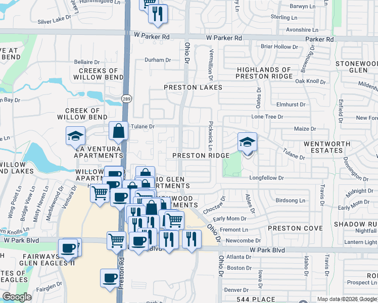 map of restaurants, bars, coffee shops, grocery stores, and more near 2620 Red Bluff Court in Plano