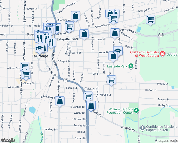 map of restaurants, bars, coffee shops, grocery stores, and more near 115 Dix Street in LaGrange