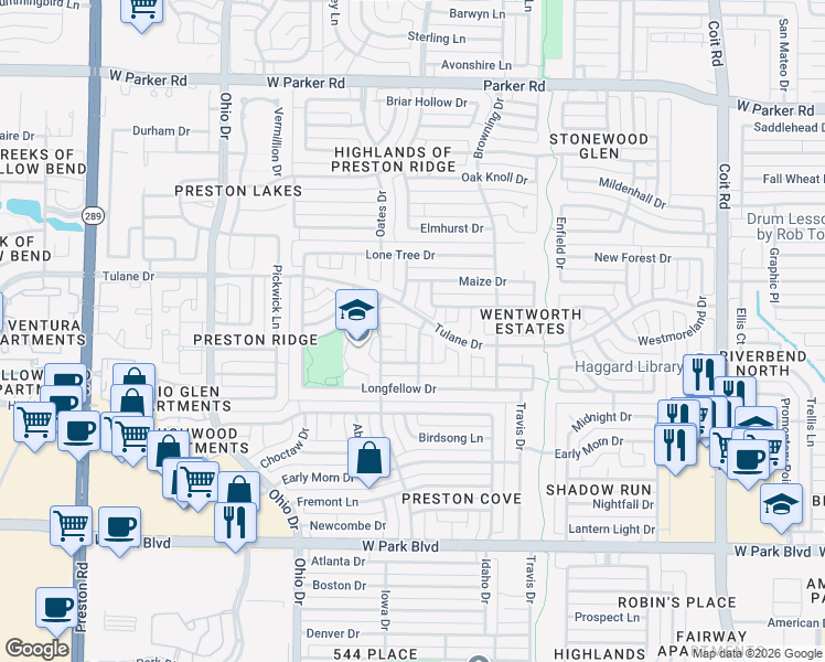 map of restaurants, bars, coffee shops, grocery stores, and more near 4436 Cityview Drive in Plano
