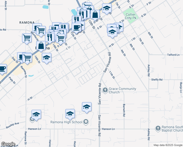 map of restaurants, bars, coffee shops, grocery stores, and more near 1212 H Street in Ramona