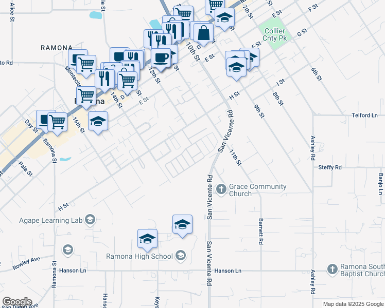 map of restaurants, bars, coffee shops, grocery stores, and more near in Ramona