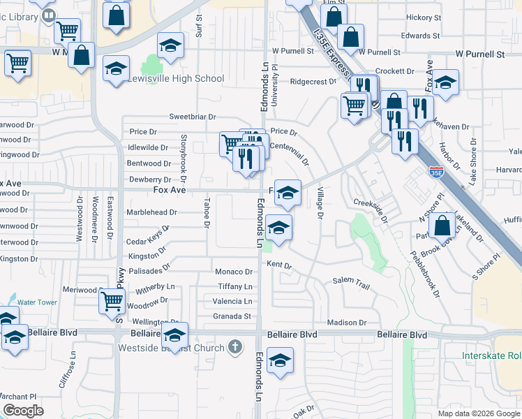 map of restaurants, bars, coffee shops, grocery stores, and more near 1158 South Edmonds Lane in Lewisville
