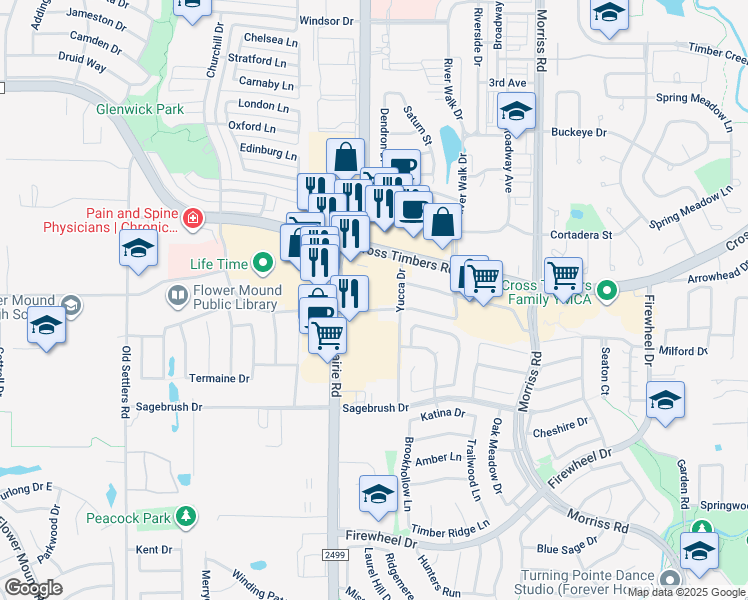 map of restaurants, bars, coffee shops, grocery stores, and more near 3624 Long Prairie Road in Flower Mound