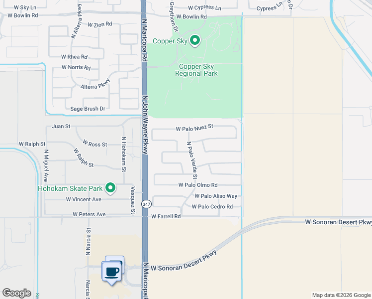 map of restaurants, bars, coffee shops, grocery stores, and more near 44308 West Palo Amarillo Road in Maricopa